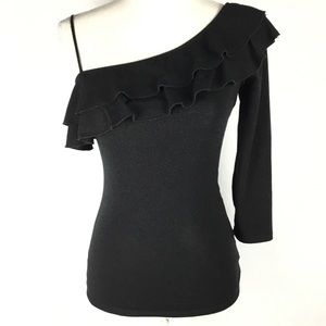 Guess Womens One Shouldered Black Ruffle Top Sz S